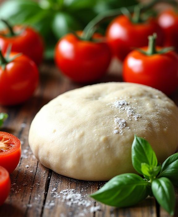 신선한 토마토와 바질, 그리고 정성껏 반죽한 피자 도우 (Fresh tomatoes, basil, and carefully kneaded pizza dough)